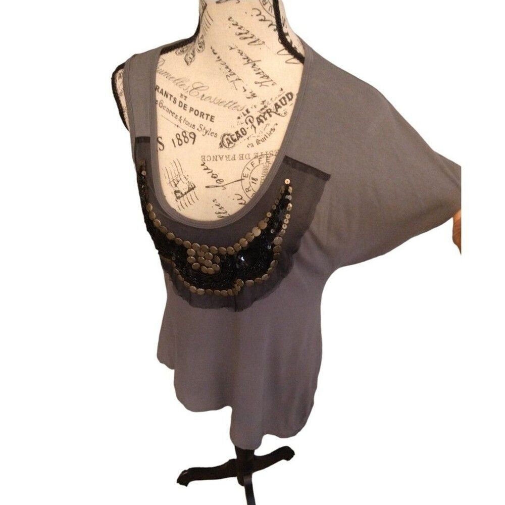 Pathway gray embellished one sleeve Top Xs Boho Feminine Artsy Y2K
